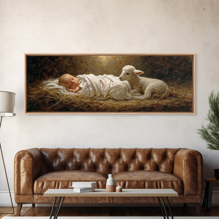 Lamb of Promise | Framed Canvas Print | Christian Art Canvas | Panoramic Frame | Christmas Art | Christian Wall Art | Christian Art