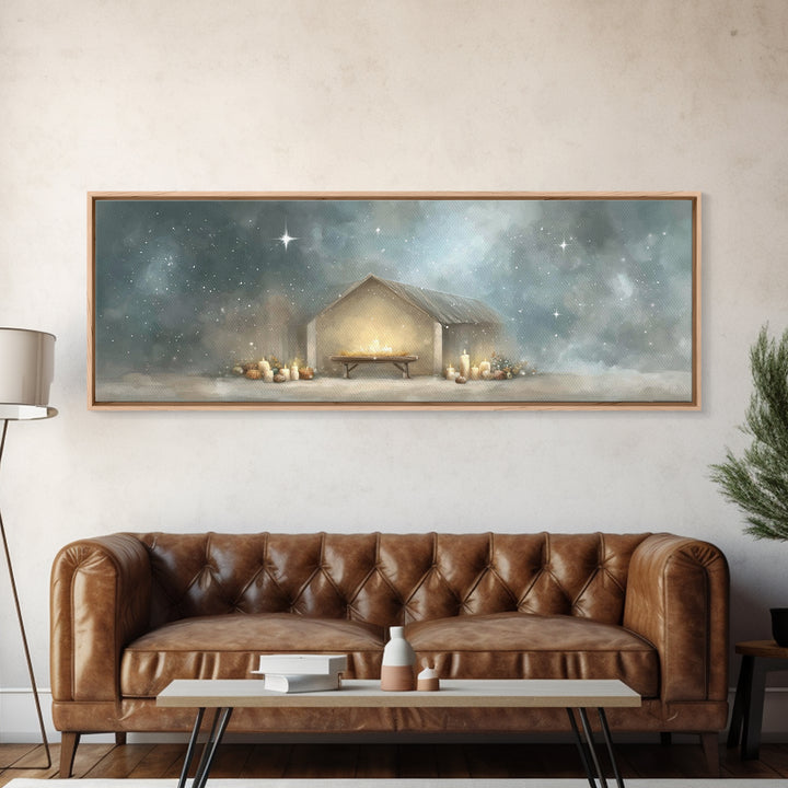 Gentle Stable Peace – Framed Canvas Print – Panoramic Painting – Christian Wall Art – Christian Art Canvas – Christmas Art – Subtle Christi
