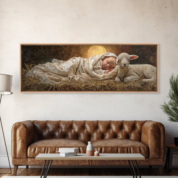 Holy Night Peace, Framed Canvas Print, Christian Wall Art, Christmas Art Prints, Jesus Painting, Panoramic Art, Christian Art Canvas