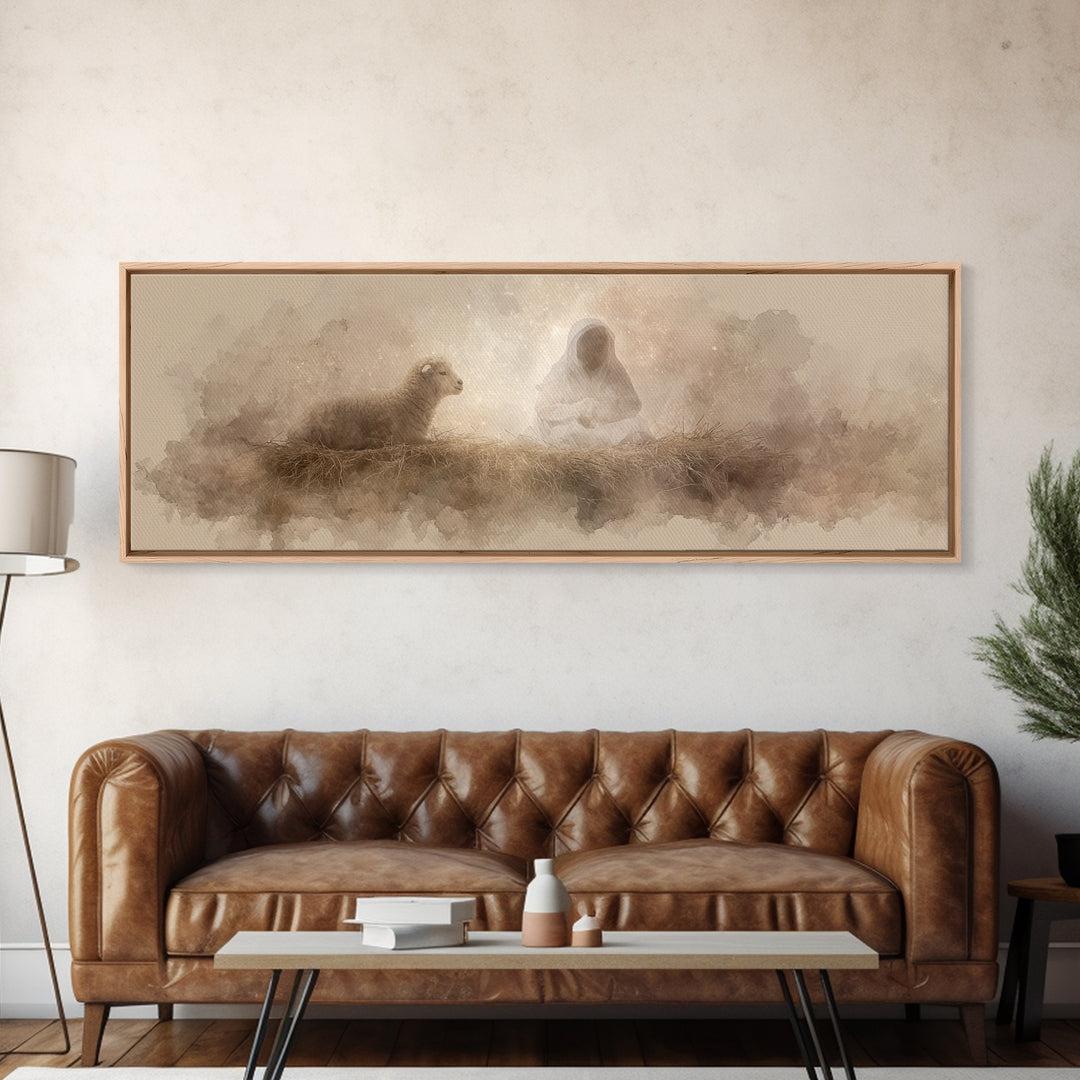 Starry Manger Glow | Framed Canvas Print | Christian Christmas Art | Christian Art Canvas | Jesus Painting | Panoramic Wall Art