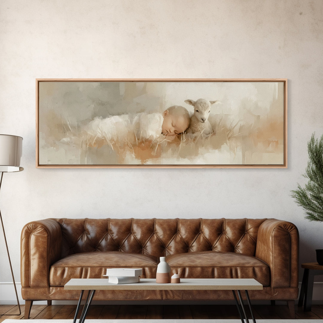 Divine Meadow Calm, Framed Canvas Print, Christian Art, Christian Christmas Decor, Jesus Painting Canvas, Panoramic Painting, Unique Christ