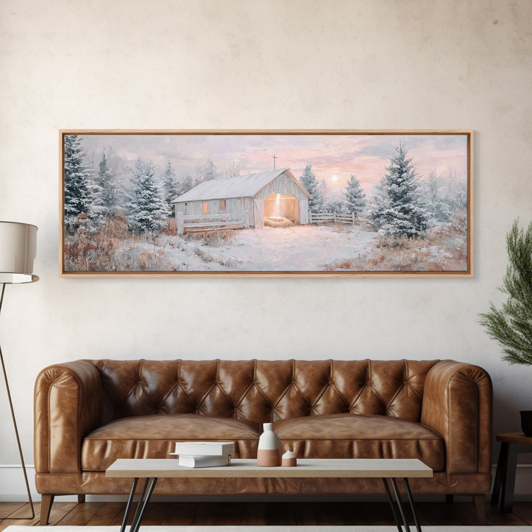 Star Over The Manger, Framed Canvas Print, Panoramic Art, Christian Wall Art, Christian Art Canvas, Christmas Art, Christian Christmas