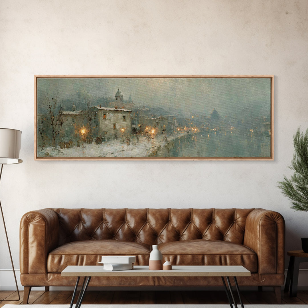 Winter Chapel Glow | Framed Canvas Print | Christian Art | Christian Christmas Art | Christian Art Canvas | Panoramic Wall Art | Christian