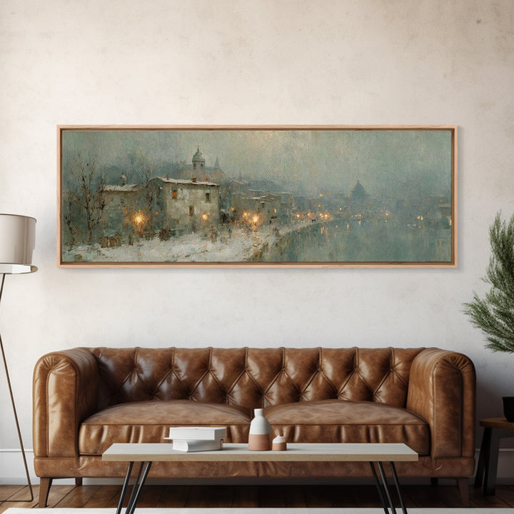 Winter Chapel Glow | Framed Canvas Print | Christian Art | Christian Christmas Art | Christian Art Canvas | Panoramic Wall Art | Christian
