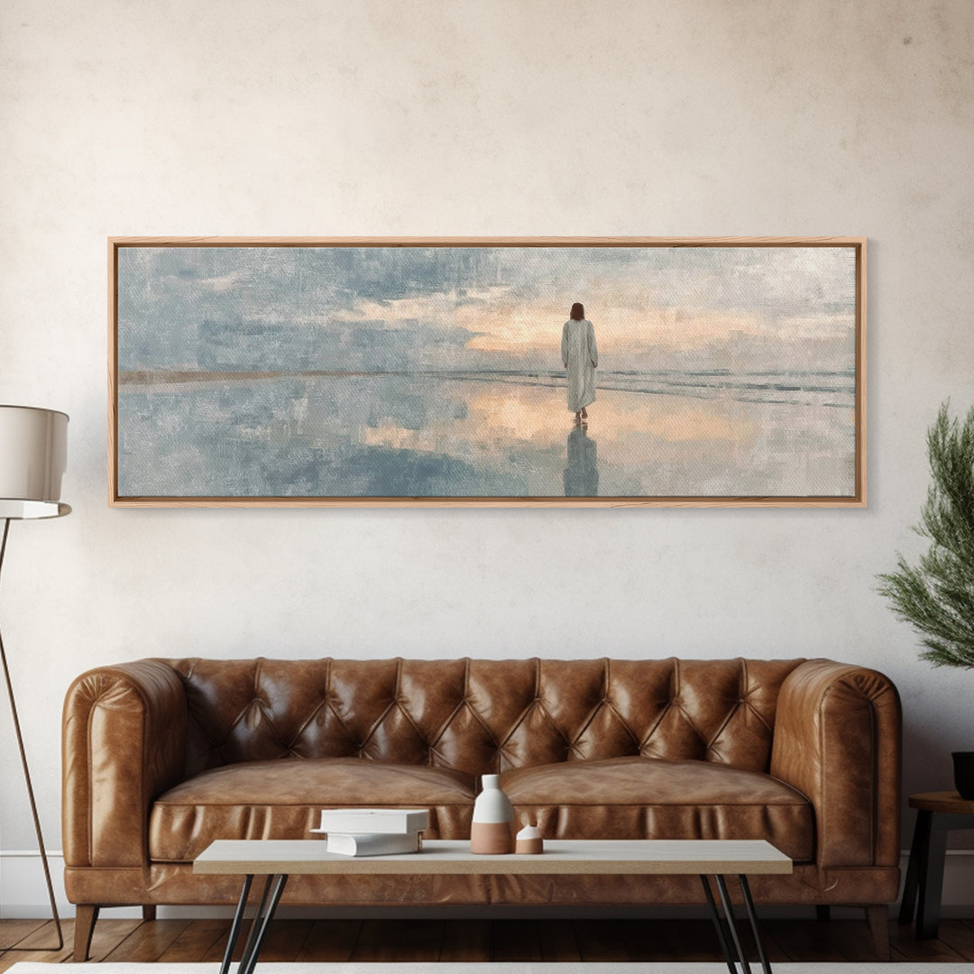 Heavenly Shore Path, Framed Canvas Print, Christian Wall Art, Jesus Painting, Panoramic Art, Christian Art Canvas, Christmas Art