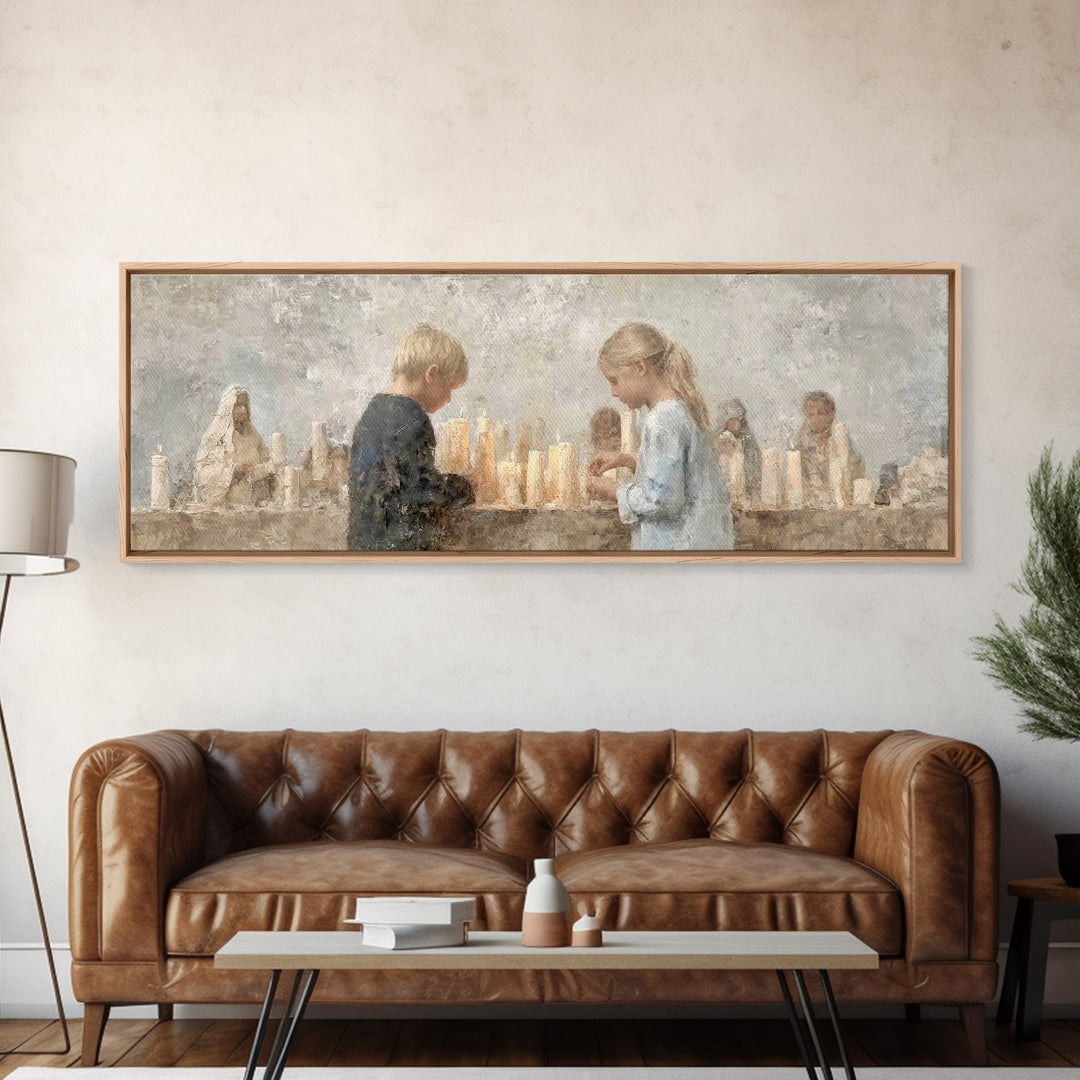 Little Lights Gathered | Framed Canvas Print | Christian Art Print | Christmas Wall Art | Panoramic Art | Christian Art Canvas | Christmas