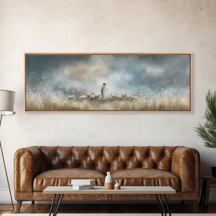 Pastoral Shepherd Light, Framed Canvas Print, Jesus Painting, Christian Wall Art, Panoramic Art, Christian Art Canvas, Christian Decoration