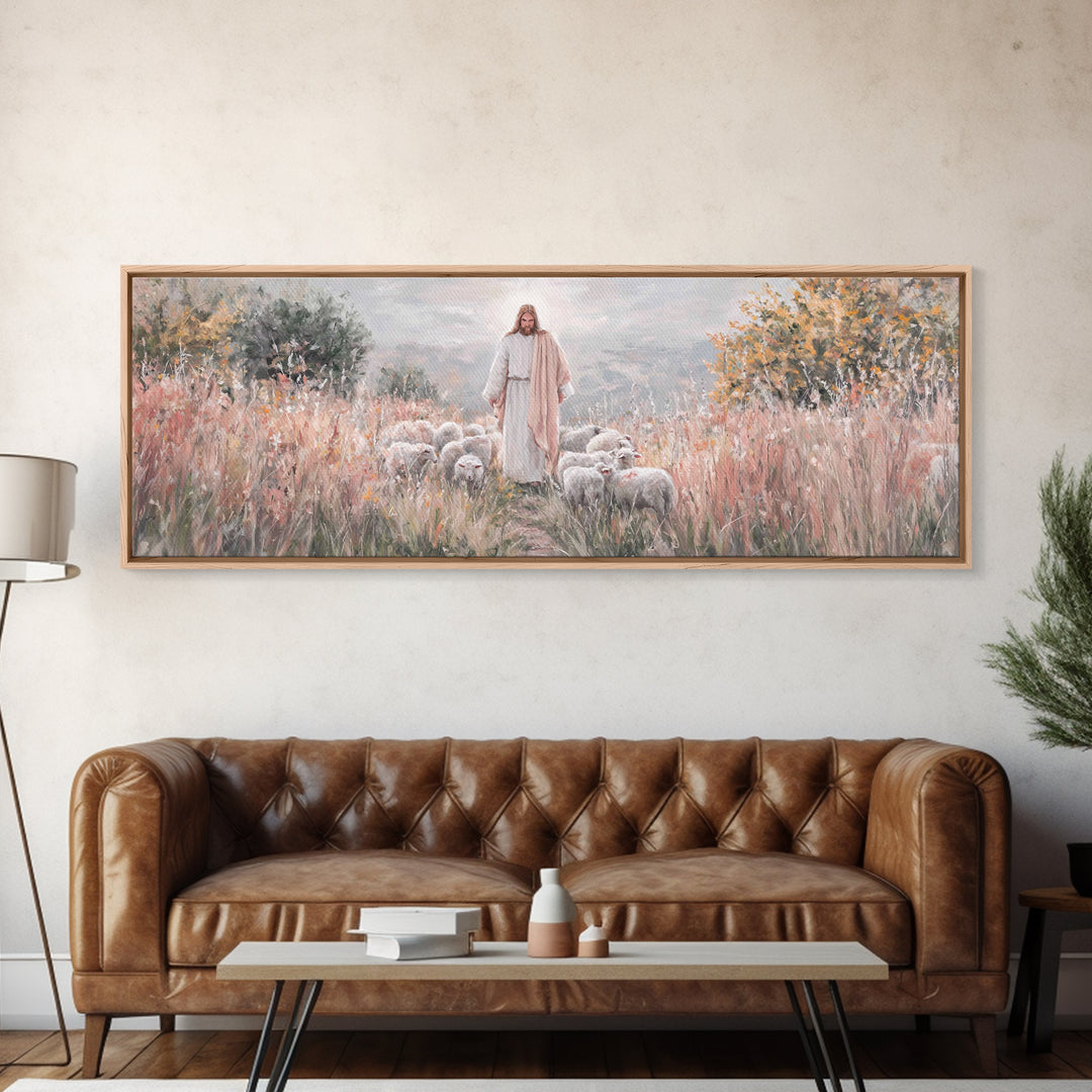 Shepherd Of Mercy – Framed Canvas Print – Jesus Art Print – Christian Wall Art – Panoramic Wall Art – Large Christian Art – Christian Paint