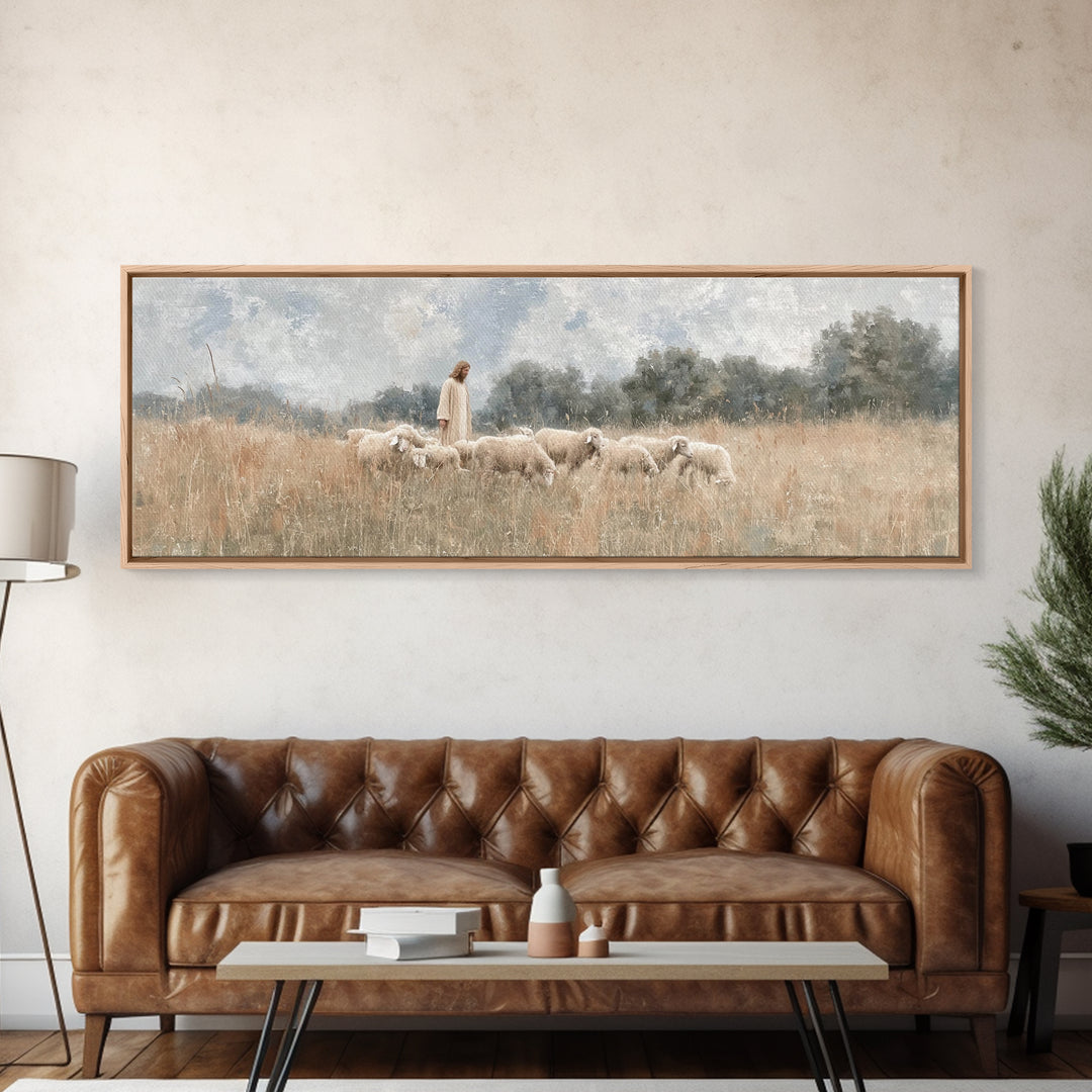 Quiet Meadow Flock, Framed Canvas Print, Christian Art Work, Jesus Painting, Panoramic Print, Christian Decor For Home, Christian Art Canva