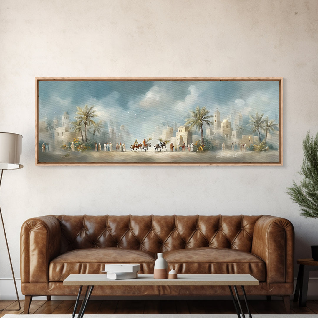Desert Palm Caravan, Framed Canvas Print, Christian Art Canvas, Panoramic Art, Jesus Wall Art, Christian Decor, Christmas Canvas Wall Art