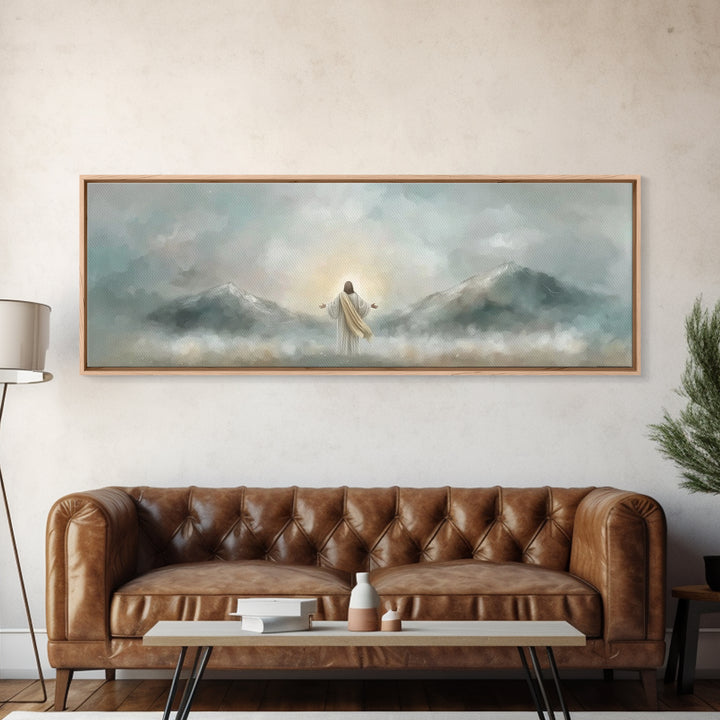 Radiant Summit Grace – Framed Canvas Print – Panoramic Art – Christian Wall Art – Jesus Painting – Christian Art Canvas
