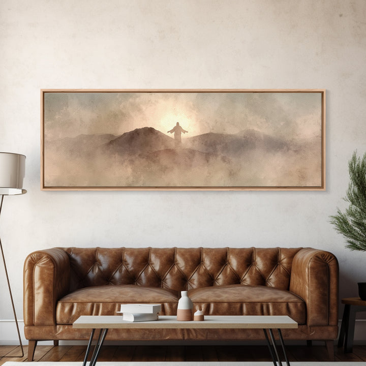 Dawn On Holy Heights, Framed Canvas Print, Panoramic Wall Art, Christian Art Canvas, Jesus Painting, Christian Art