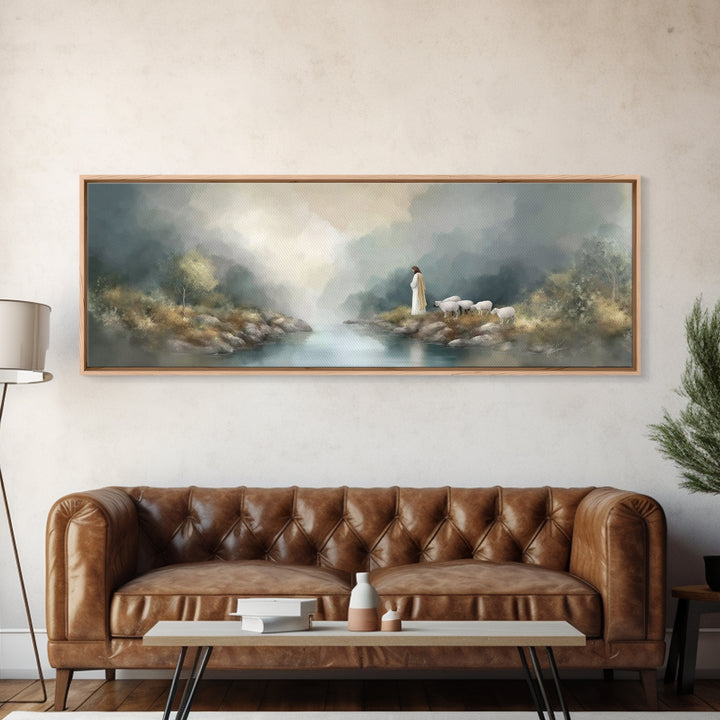 Shepherd's Quiet Path – Framed Canvas Print – Panoramic Frame – Jesus Painting – Christian Art Canvas – Christian Wall Art