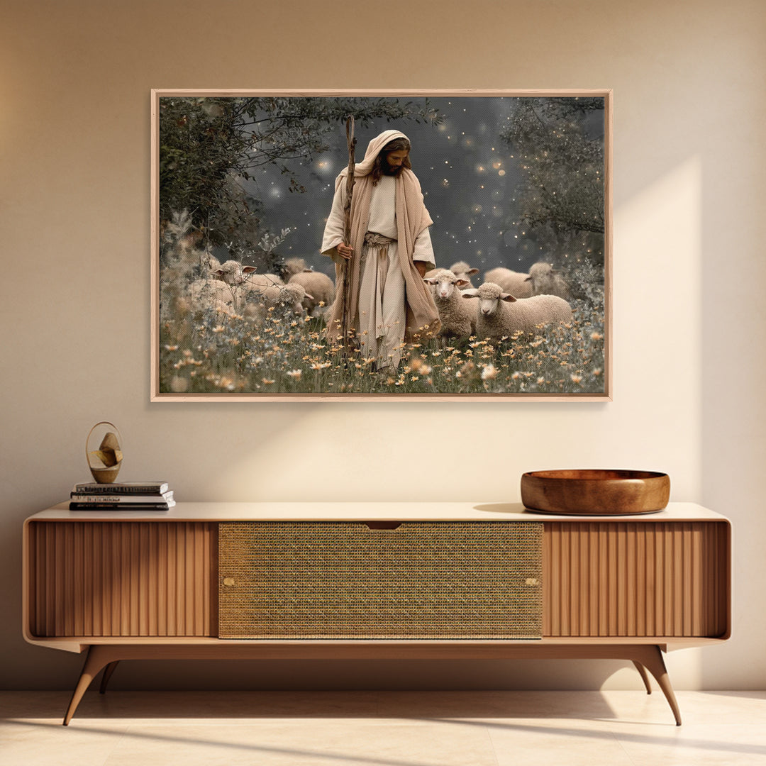 Guardian Of Lambs – Framed Canvas Print – Jesus Painting – Christian Art Canvas – Christian Wall Art – Christian Art – Christian Christmas