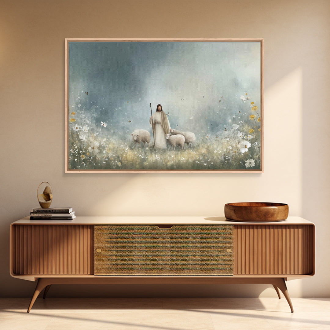 Shepherd’s Meadow – Framed Canvas Print – Christian Art Canvas – Christian Art – Jesus Painting – Christian Wall Art – Christian Christmas