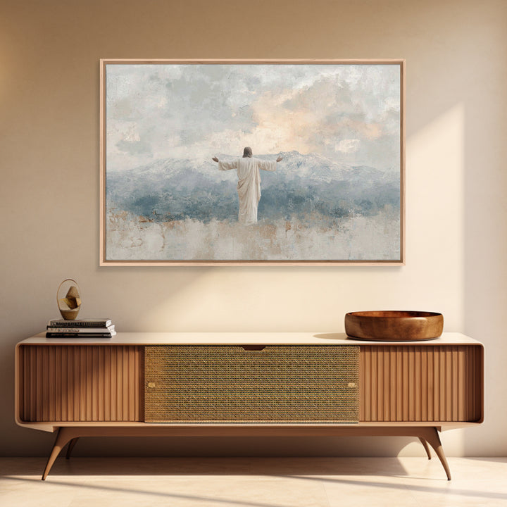 Mountain Dawn Savior – Framed Canvas Print – Christian Wall Art – Subtle Christian Art – Jesus Painting – Christian Art Canvas – Christian