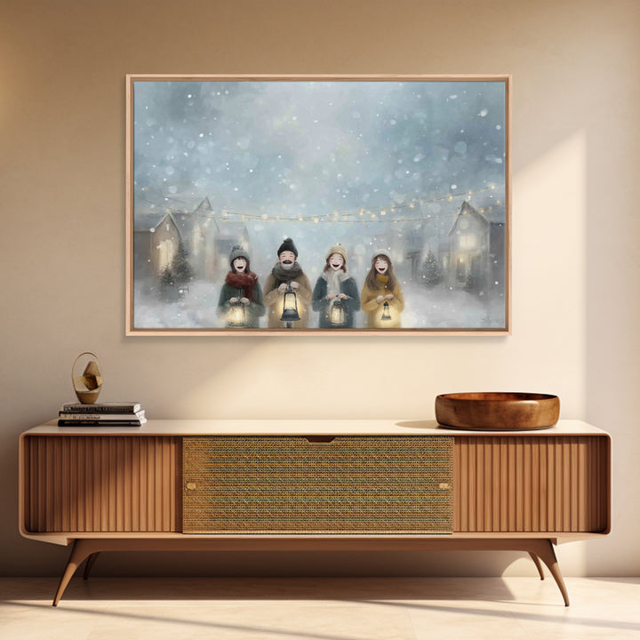 Snowfall Carolers, Framed Canvas Print, Christmas Wall Art, Christian Christmas Art, Christmas Art Canvas, Modern Christmas Art, Christmas