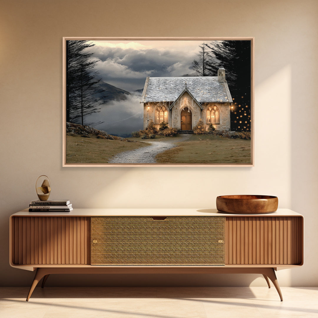 Mountain Chapel Light – Framed Canvas Print – Christian Wall Art – Christian Art Canvas – Christmas Art – Christian Christmas Art – Holiday