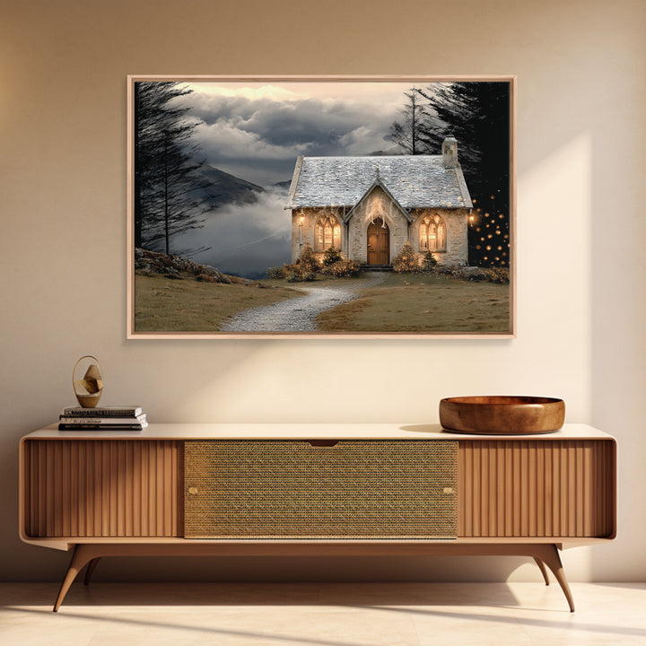 Mountain Chapel Light – Framed Canvas Print – Christian Wall Art – Christian Art Canvas – Christmas Art – Christian Christmas Art – Holiday