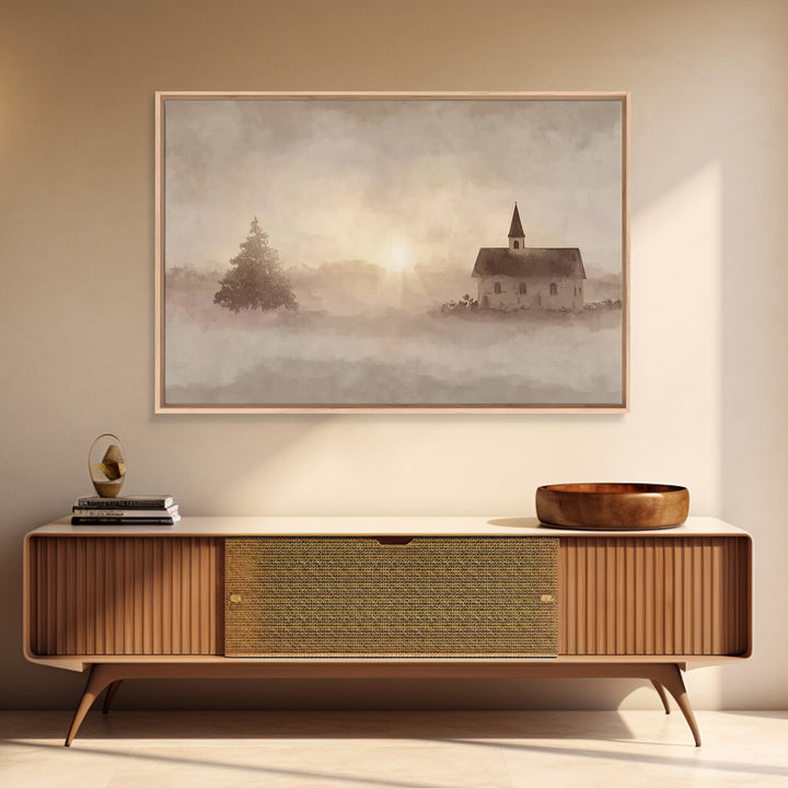 Misty Chapel Dawn – Framed Canvas Print – Christian Wall Art – Christian Art Canvas – Christian Painting – Modern Christian Painting – Chri