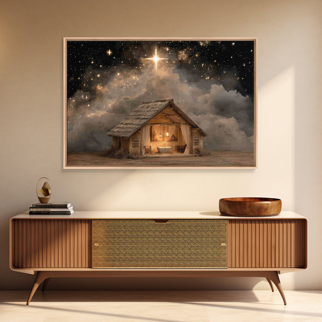 Holy Night Shelter – Framed Canvas Print – Christian Art Canvas – Christmas Art – Christian Wall Art – Christian Christmas Art – Christian