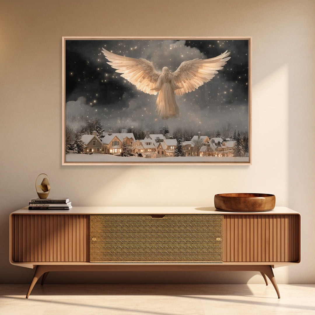 Heavenly Night Watch – Framed Canvas Print – Christmas Wall Art – Christian Art Print – Moody Christmas Art – Christian Decor