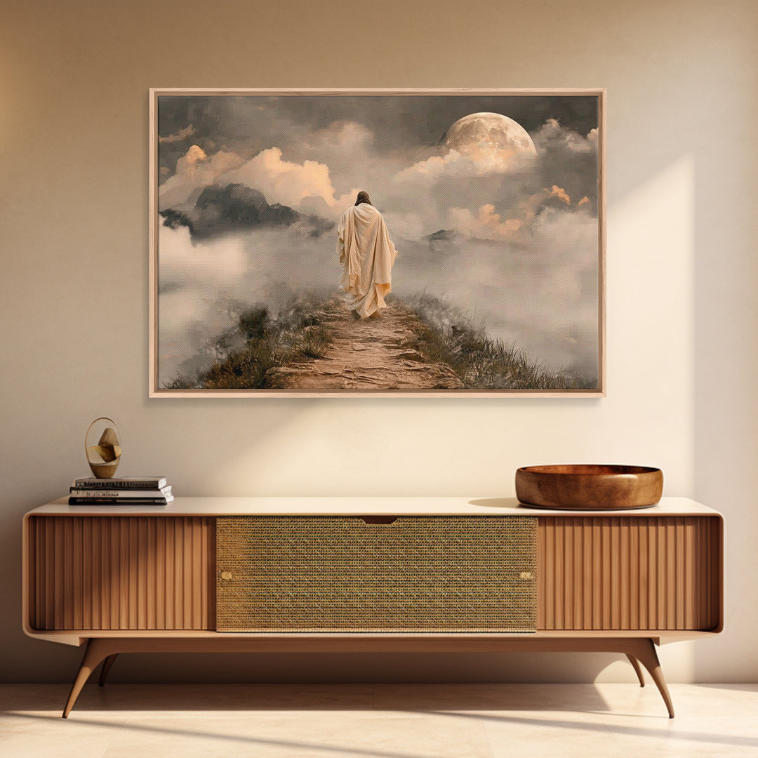 Moonlit Ascent | Framed Canvas Print | Jesus Painting | Christian Art Canvas | Christian Wall Art | Moody Christian Art