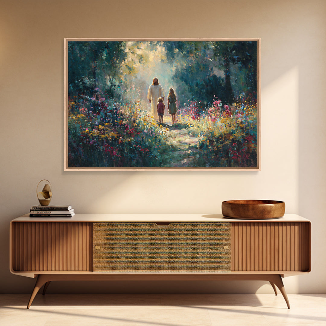 Garden Light Walk, Framed Canvas Print, Christian Art Canvas, Jesus Painting, Christian Wall Art, Christian Gift Ideas
