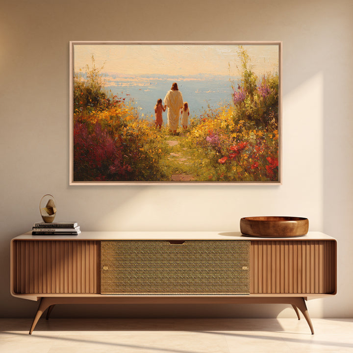 Golden Blossom Walk | Framed Canvas Print | Christian Wall Art | Jesus Painting | Christian Art Work | Bright Christian Art | Christian Chr