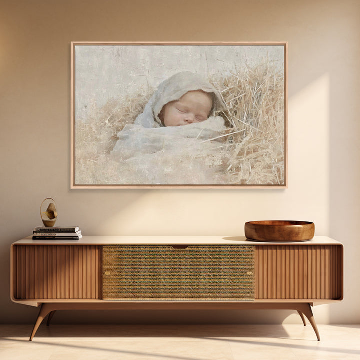Sacred Newborn Grace, Framed Canvas Print, Christian Christmas Art, Birth Of Jesus Painting, Minimalist Christian Art, Christmas Wall Art,