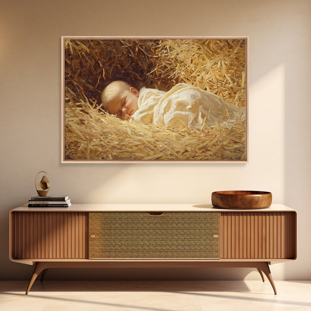 Divine Straw Light – Framed Canvas Print – Christmas Art Prints – Christian Art Canvas – Jesus Christmas Art – Vintage Christian Art – Chri