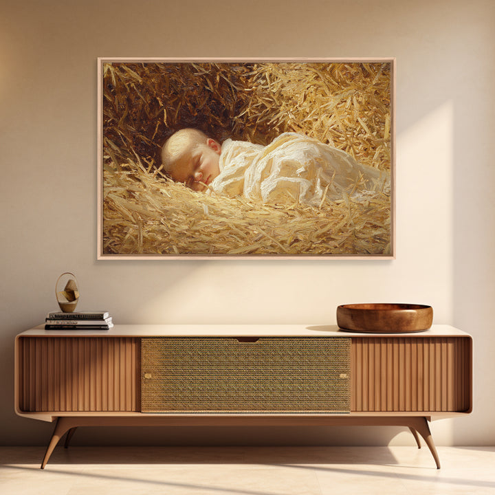 Divine Straw Light – Framed Canvas Print – Christmas Art Prints – Christian Art Canvas – Jesus Christmas Art – Vintage Christian Art – Chri