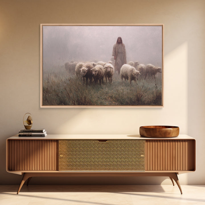 Misty Flock Dawn – Framed Canvas Print – Christian Paintings – Jesus Art Print – Pastoral Scenery – Modern Christian Art – Christian Wall A