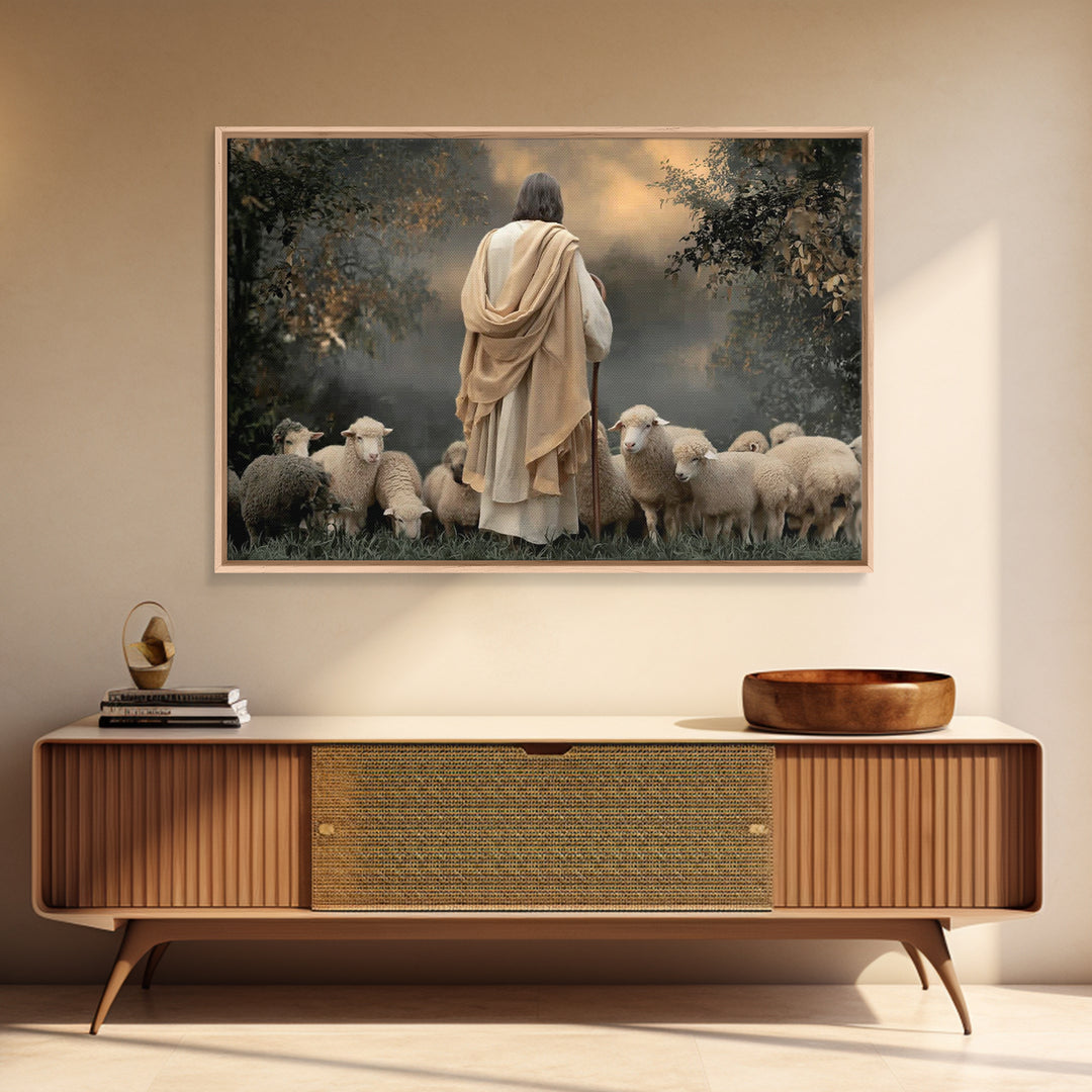 Misty Flock Calm, Framed Canvas Print, Christian Wall Art, Jesus Painting, Christian Art Canvas, Christmas Art
