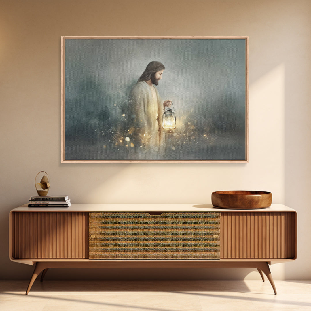 Guiding Lantern Light – Framed Canvas Print – Christian Wall Art – Jesus Painting – Christian Art Canvas – Christian Christmas Art – Modern