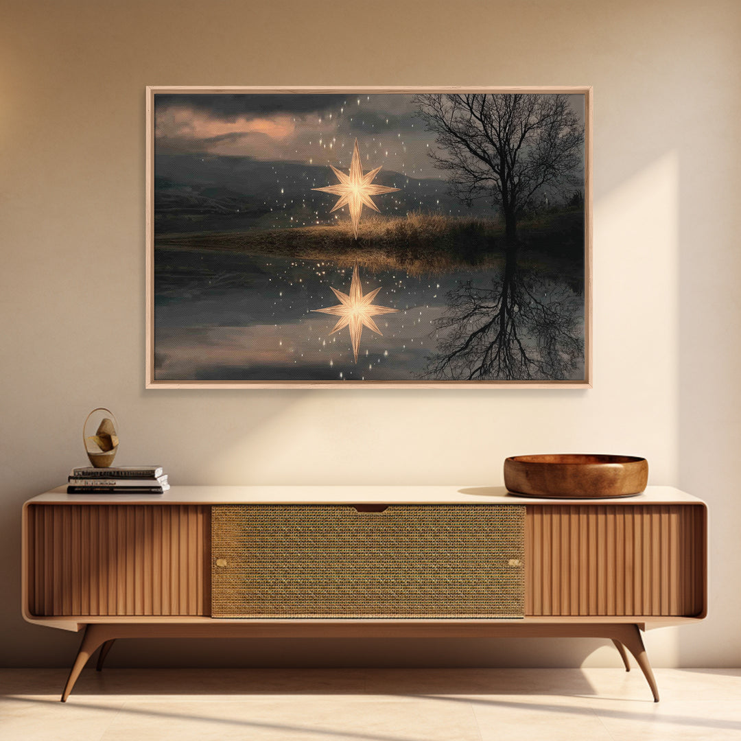 Guiding Star Glow – Framed Canvas Print – Christian Wall Art – Christian Christmas Art – Jesus Painting – Modern Christian Art – Christmas