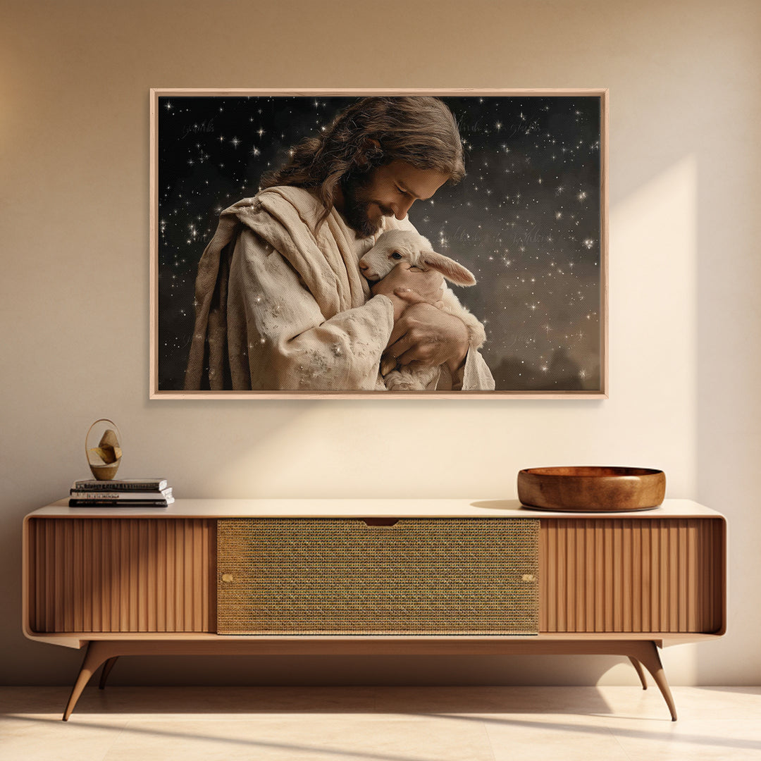 Starry Night Shepherd, Framed Canvas Print, Jesus Wall Art, Christian Art Canvas, Christian Wall Art, Christian Gift, Moody Christian Art