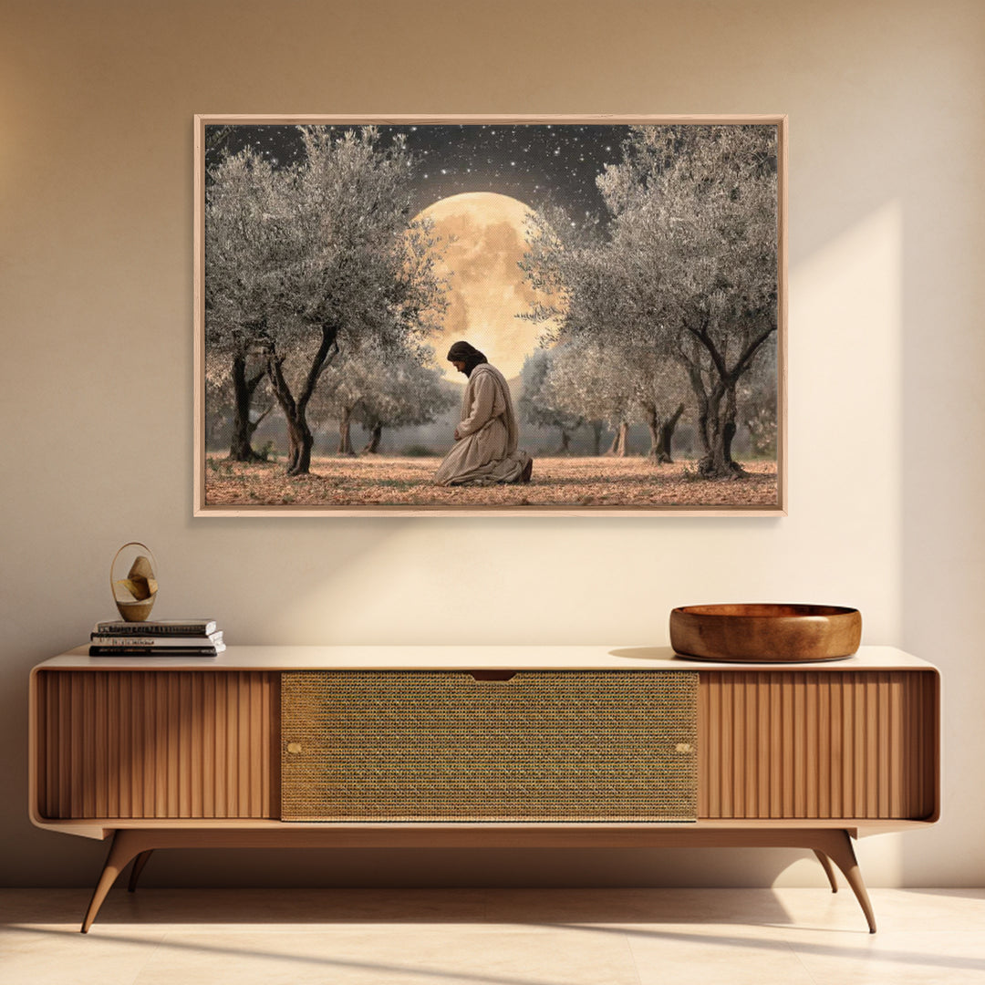 Moonlit Devotion - Framed Canvas Print - Christian Art Canvas - Jesus Painting - Christian Wall Art - Christian Christmas Art