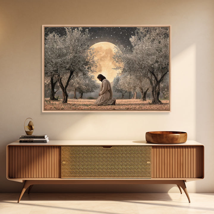 Moonlit Devotion - Framed Canvas Print - Christian Art Canvas - Jesus Painting - Christian Wall Art - Christian Christmas Art