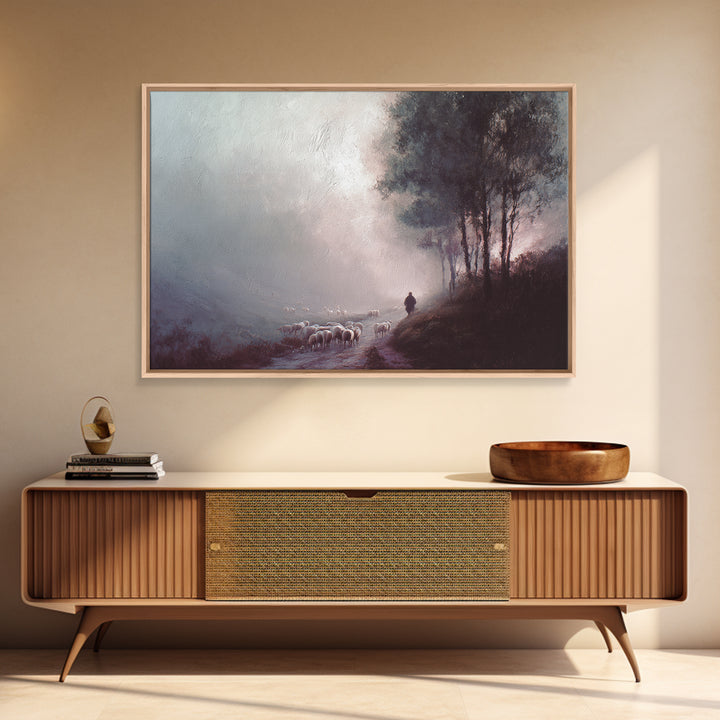 Twilight Shepherd – Framed Canvas Print – Christian Art Canvas – Christian Wall Art – Jesus Painting – Subtle Christian Art