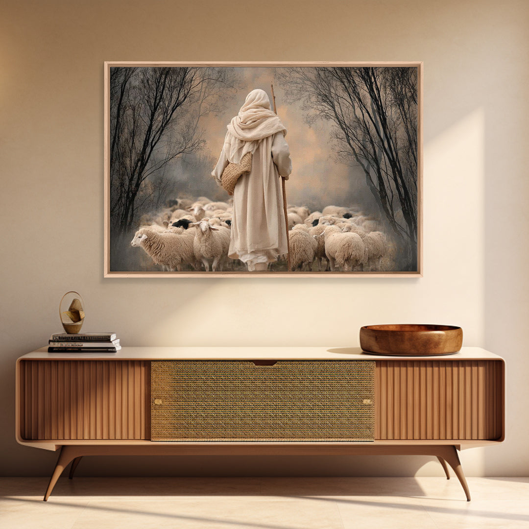 Evening Shepherd – Framed Canvas Print – Christian Art Canvas – Christian Wall Art – Large Christian Painting – Jesus Art Print