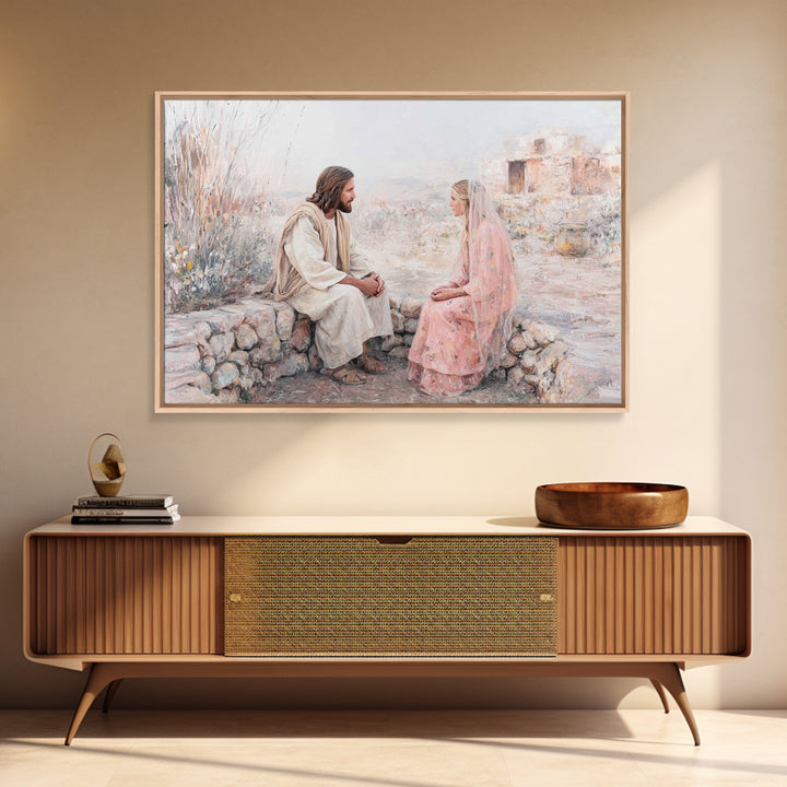 Riverside Mercy | Framed Canvas Print | Christian Art Canvas | Jesus Painting | Christian Wall Art | Soft Christian Art | Modern Christian