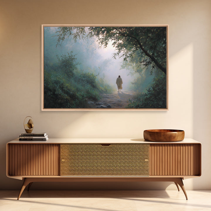 Forest Dawn Walk, Framed Canvas Print, Christian Wall Art, Christian Art Canvas, Jesus Painting, Moody Christian Art