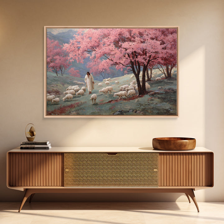 Spring Shepherd Path - Framed Canvas Print - Jesus Painting - Christian Wall Art - Christian Art Canvas - Vintage Christian Art