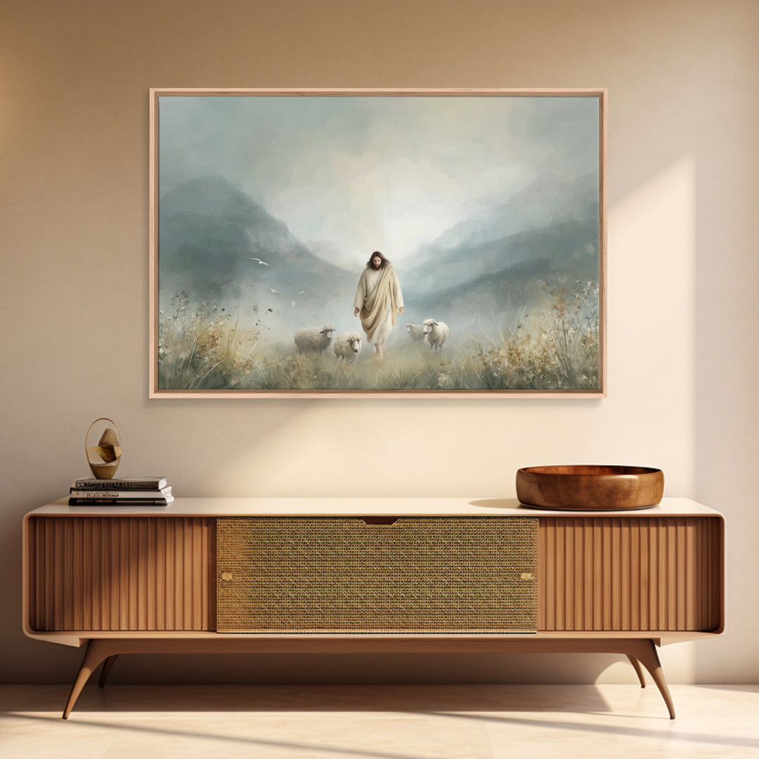 Evening Flock, Framed Canvas Print, Christian Wall Art, Jesus Painting Canvas, Moody Christian Art, Christian Decor, Large Christian Painti