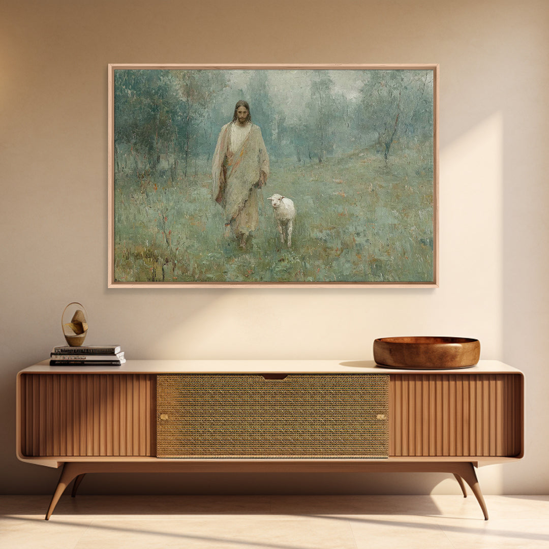 Pasture Serenity | Framed Canvas Print | Christian Wall Art | Jesus Painting | Christian Art Canvas | Vintage Christian Painting | Christia