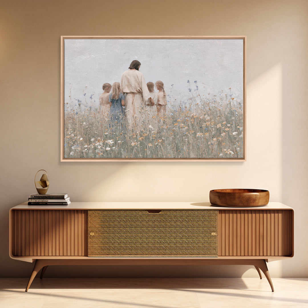 Gentle Meadow Light, Framed Canvas Print, Jesus Painting, Christian Art Canvas, Christian Wall Art, Minimalist Christian Art, Christian Gif