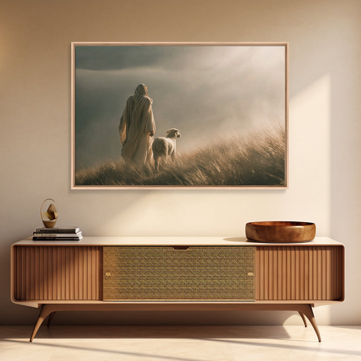 Shepherd’s Dawn, Framed Canvas Print, Christian Wall Art, Jesus Painting, Christian Art Canvas, Minimalist Christian Art, Christian Gift