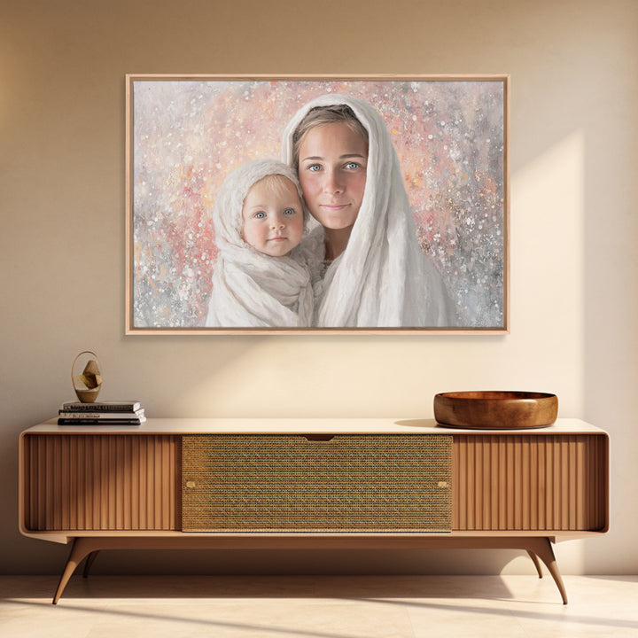 Sacred Bond, Framed Canvas Print, Christian Wall Art, Mary And Jesus Painting, Christian Art Canvas, Large Christian Art, Minimalist Christ