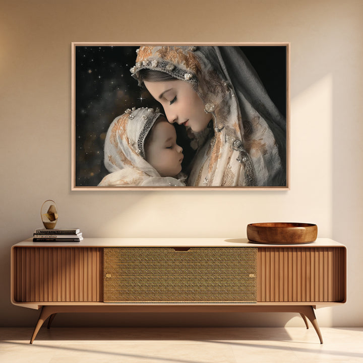 Starry Motherhood | Framed Canvas Print | Christian Wall Art | Mary And Jesus Painting | Christian Art Canvas | Christian Art